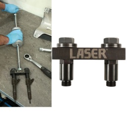 L'adaptateur d'extracteur d'injecteur 7855 est conçu pour l'extraction des injecteurs de diesel Bosch utilisés dans les moteurs Fiat de 1,3 litre à rampe commune haute pression des véhicules Fiat, Alfa, Ford et Vauxhall. Les injecteurs de ces moteurs sont maintenus en place par paires par une fixation centrale. Lorsque
cette fixation est déposée, les DEUX injecteurs sont déstabilisés et doivent donc être extraits.
L'outil 7855 permet d'extraire ces injecteurs deux par deux ou un par un, si nécessaire.
Remarque : il est conçu pour être utilisé avec un marteau à inertie à filetage UNF de 5/8 pouce (1,5875 cm) disponible séparément. Modèles concernés : Alfa Romeo Mito ; Fiat 500, Doblo, Fiorino, Punto, Idea, Panda, Quobo, Tipo, Uno ; Ford Ka ; Opel/Vauxhall Agila, Astra, Combo, Corsa, Meriva, Tigra et Zafira Les applications de moteurs comprennent : moteurs de 1,3 litre à rampe commune haute pression (JTD) équipés d'injecteurs Bosch de type solénoïde Convient à l'utilisation avec un extracteur à marteau pneumatique, référence Laser 6092 ou avec des marteaux à inertie, références Laser 5850 (2,2 kg) et 4811 (4,4 kg) La pose de l'adaptateur 7855 requiert des outils supplémentaires pour la dépose des éléments internes des solénoïdes, référence Laser 7461 