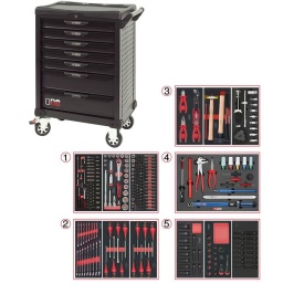 Servante d'atelier ks tools 7 tiroirs
- tiroir ouverture one by one antibasculement
- système fermeture centralisee par serrure
- plan de travail avec range visseries
- 4 roues robustes 125mm (2 directionelles avec freins)
- dimensions :
h 1016 x l 680 x p 455mm triroirs 
6 x h55xl565xp405mm 1 xh205xl565xp405mm charge par tiroirs 45kg
poids vide de la servante 54.5kg
résistance statique 500kg
servante atelier de la marque ks tools. avec noir complet du plus belle effet. parfaite pour une utilisation dans les milieux salissants (garage. industrie...)
Composition :
Module 54 pièces douilles et accessoires 1/4’’ ref : 713.1020 
- Cliquet réversible 72 dents
- 1x Poignée emmanchée 1/4’’
- 2x Rallonges 1/4’’ : L. 50 mm et L. 100 mm
- 1x Rallonge flexible : L. 150 mm
- 1x Poignée coulissante T : L. 115 mm
- 1x Cardan universel 1/4"
- 13x Douilles 1/4’’ : 4 - 4.5 - 5 - 5.5 - 6 - 7 - 8 - 9 - 10 - 11 - 12 - 13 - 14 mm
- 8x Douille longue 1/4" : 6 - 7 - 8 - 9 - 10 - 11 - 12 - 13
- 1x Porte embout 1/4" 
- 3x Embouts de vissage Fente 4 - 5.5 - 8 mm 
- 3x Embouts de vissage PHILLIPS® PH 1 - PH 2 - PH3 
- 2x Embouts de vissage POZIDRIV® PZ 1 - PZ 2 
- 6x Embouts de vissage 6 pans : 3 - 4 - 5 - 6 - 7 - 8 mm
- 7x Embouts de vissage TORX® profil E T10 - T15 - T20 - T25 - T27 - T30 - T40
​- 4x Embouts de vissage 12 pans : M4 - M5 - M6 - M8
Module de douilles et accessoires ULTIMATE 1/2'' . 24 pièces ref : 713.1024 
- 1 x Cliquet réversible 72 dents
- 2 x Rallonges : 125 - 250 mm
- 1 x Cadran universel 1/2"
- 1 x Bague coulissante 3/8" x 1/2"
- 17 x Douilles : 10 - 11 - 12 - 13 - 14 - 15 - 16 - 17 - 18 - 19 - 20 - 21 - 22 - 24 - 27 - 30 - 32 mm
- 2 x Douilles longues : 16 - 21 mm
Module d'embouts de vissage et douilles TORX. 88 pièces ref : 713.5010 
- 5 x Douilles TORX 1/4" : E4 - E5 - E6 - E7 - E8
- 4 x Douilles TORX 3/8" : E10 - E11 - E12 - E14
- 3 x Douilles TORX 1/2" : E16 - E18 - E20
- 1 x Douille porte-embouts 1/4" x 1/4"
- 2 x Douilles porte-embouts : 3/8" - 10 mm et 1/2" - 10 mm
- 1 x Rallonge : 30 mm
- 3 x Embouts de vissage Fente : 25 mm x (5.5 - 6.5 - 8.0 mm)
- 3 x Embouts de vissage PHILLIPS : 25 mm x (PH1 - PH2 - PH3)
- 6 x Embouts de vissage PROZIDRIV : 25 mm x (PZ1 - 2 x PZ2 - 3 x PZ3)
- 3 x Embouts de vissage 6 pans : 25 mm x (4 - 5 - 6 mm)
- 15 x Embouts de vissage TORX percé : 25 mm x (2 x T10 - 3 x T15 - 2 x T20 - 3 x T25 - 3 x T30 - 2 x T40)
- 2 x Embouts de vissage Fente : 30 mm x (8 - 10 mm)
- 2 x Embouts de vissage PHILLIPS : 30 mm x (PH2 - PH3)
- 7 x Embouts de vissage 6 pans : 30 mm x (4 - 5 - 6 - 7 - 8 - 10 - 12 mm)
- 9 x Embouts de vissage TORX percé : 30 mm x (T20 - T25 - T27 - T30 - T40 - T45 - T50 - T55 - T60)
- 5 x Embouts de vissage 12 pans : 30 mm (M5 - bM6 - M10 - M12)
- 5 x Embouts longs 6 pans : 75 mm x (5 - 6 - 7 - 8 - 10 mm)
- 8 x Embouts longs TORX percé : 75 mm x (T20 - T25 - T27 - T30 - T40 - T50 - T55 - T60)
- 4 x Embouts longs 12 pans : 75 mm x (M6 - M8 - M10 - M12)
Module de clés mixtes ULTIMATE. 17 pièces ref : 713.2017 
- 17 x Clés mixtes : 6 - 7 - 8 - 9 - 10 - 11 - 12 - 13 - 14 - 15 - 16 - 17 - 18 - 19 - 20 - 21 - 22 mm 
Module de tournevis ULTIMATE Fente - POZIDRIV. 6 pièces ref : 713.5016 
- 4 x Tournevis ULTIMATE Fente : 4 - 5.5 - 6.5 - 8 mm
- 2 x Tournevis ULTIMATE PROZIDRIV : PZ1 - PZ2
Module de tournevis ULTIMATE TORX. 6 pièces ref : 713.5013 
- 6 x Tournevis ULTIMATE TORX : T10 - T15 - T20 - T25 - T30 - T40
Module de pinces. 4 pièces ref : 713.4014
- 1 x Pince coupante diagonale : L. 160 mm 
- 1 x Pince universelle : L. 180 mm
- 1 x Pince à bec demi-rond : L. 200 mm
- 1 x Pince multiprises à verrouillage : L. 250 mm
Module d'outils de frappe manche bois. 9 pièces ref : 713.1101 
- 1 x Burin de carossier extra-plat : 250 mm
- 6 x Chasse goupilles brunis : 3 - 4 - 5 - 6 - 10 mm
- 1 x Marteau rivoir : 600g
- 1 x Maillet à embouts plastique interchangeables : 340g
Module 13 pièces spécial vidange auto ref : 150.9300 
- 6 x Embouts universels pour bouchons de vidange 4 pans : 8 mm - 3/8’’ - 11 mm - 13 mm
- 6 pans : 5/16’’ - 3/8’’- 10 mm - 12 mm - 14 mm - 17 mm - 1/2’’
- 1 x Douille longue 21 mm
- 2 x Douilles tournevis 3/8’’ T40 - T45
- 1 x Poignée coulissante pour rallonges 3/8’’ 250 mm
- 1 x Clé à filtre à huile à sangle Ø 65 - 110 mm
- 1 x Clé à filtre à huile 3 bras Ø 63 - 102 mm
- 1 x Adaptateur 1/2’’- 3/8’’
Module 16 pièces spécial démontage roues ref : 815.1195 
- 1 x Clé dynamométrique 1/2’’ 20 - 200 Nm
- 1 x Carré d’entraînement bouton mat 1/2’’ mat
- 1 x Démonte pneu finition mat. 370 mm
- 1 x Tire-valve. 310 mm
- 1 x Démonte-obus dynamométrique 0.25 Nm
- 1 x Démonte-obus dynamométrique 0.50 Nm
- 1 x Double démonte-obus 1 x Levier spécial enjoliveur
- 1 x Burin en plastique flexible
- 1 x Pince à ressort pour masse d’équilibrage
- 1 x Douille longue à choc 15 mm revêtement ABS
- 1 x Douille longue à choc 17 mm revêtement ABS
- 1 x Douille longue à choc 19 mm revêtement ABS
- 1 x Douille longue à choc 21 mm revêtement ABS
- 1 x Douille longue à choc 22 mm revêtement ABS
- 1 x Pince spéciale démonte cache écrou
Module de douilles longues à chocs 1/2''. 13 pièces ref : 713.1030 
- 13 x Douilles à choc 6 pans : 10 - 12 - 13 - 14 - 16 - 17 - 18 - 19 - 21 - 22 - 23 - 24 - 27 mm
Module de douilles à chocs 1/2''. 17 pièces ref : 713.1031 
- 13 x Douilles à choc 1/2’’: 10 - 12 - 13 - 14 - 16 - 17 -18 - 19 - 21 - 22 - 23 - 24 - 27 mm
- 2 x Réducteur à choc : 3/4"F x 1/2"M - 1/2’’F x 3/4’’M
- 1 x Augmentateur à choc 1/2’’
- 1 x Rallonge à choc 1/2’’: 125 mm 
Module de douilles à chocs 1/2''. 16 pièces ref : 713.1016 
- 8 x Douilles tournevis à choc TORX® 1/2’’: T30 - T40 - T45 - T50 - T55 - T60 - T70 - T80
- 8 x Douilles tournevis à choc 6 pans 1/2’’: 5 - 6 - 8 - 10 - 12 - 14 - 17 - 19 mm