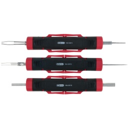 Déverrouillage professionnel et sans dommages des contacteurs 
Pour les connecteurs plats et ronds 
Extraction suivant les principes 1, 2 et 5 
Coque de protection de lame à verrouillage 
Pointes en acier 

 Utilisation : AMP Tyco JPT, AMP Tyco JT, AMP Tyco SPT, AMP Tyco ST, AMP Tyco MT I, AMP Tyco MT II, AMP TycoCI2, AMP Tyco Mate-N-Lok, GHW RAM, GHW RSA2
