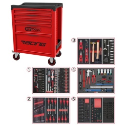 Servante d'atelier avec plan de travail recouvert d'un tapis en mousse
Cette nouvelle servante d'atelier de chez ks tools, modèle racing, est une évolution de l'ancien modèle dakar édition.
En effet pour cette servante d'atelier, ks tools a utilisé ces 20 ans d' expérience sur l'ancien modèle, la racing est le fruit des milliers de retour d'informations clients, garage, carrosserie, industrie et particulier. 
Cette servante d'atelier ks tools est plus pratique gràce à ces nouveaux panneaux perforés pour accessoires, plus résistante nouveau chassis, roue diamètre 125mm, et un tout nouveau système de fermeture du tiroir, plus sécurisant que sur l'ancienne version
La servante d’atelier KStools. série Racing respecte les normes de robustesse et de solidite deja reconnues sur les autres lignes de servantes d’atelier de la marque KS Tools. 
Les tiroirs de la servante d’atelier Racing possedent un systeme de roulements à billes (résistance 30kg), un système de fermeture par serrure et s’ouvre totalement pour plus de facilite dans vos rangements.
Les tiroirs de cette servante atelier ont une grande capacité. 40cm de profondeur par 57cm de largeur, tout les tiroirs de cette servante d'atelier sont fournis avec un tapis mousse a installer au fond. 
Sur son plan de travail on trouve un tapis en mousse imputrescible. sa poignée de côté et ses 4 roues robustes dont 2 directionnelles avec frein. La servante d'atelier Racing reste une reference en therme d’ergonomie, fini le désordre dans le garage, rangez vos outils, ou bien d'autre chose de manière ordonnée.
Plan de travail avec tapis en mousse
Dimensions utiles des tiroirs servante 5 tiroirs résistance 30kg :
3 x H 55 X L 565 X P 405mm 
1x H 130 X L565 X P 405MM
1x H 280X L 565 X P 405MM
Poids: 45kg
Poids maximum admissible en statique: 500kg
ref: 855.0005
Composition :
Module 54 pièces douilles et accessoires 1/4’’ ref : 713.1020 
- Cliquet réversible 72 dents
- 1x Poignée emmanchée 1/4’’
- 2x Rallonges 1/4’’ : L. 50 mm et L. 100 mm
- 1x Rallonge flexible : L. 150 mm
- 1x Poignée coulissante T : L. 115 mm
- 1x Cardan universel 1/4"
- 13x Douilles 1/4’’ : 4 - 4.5 - 5 - 5.5 - 6 - 7 - 8 - 9 - 10 - 11 - 12 - 13 - 14 mm
- 8x Douille longue 1/4" : 6 - 7 - 8 - 9 - 10 - 11 - 12 - 13
- 1x Porte embout 1/4" 
- 3x Embouts de vissage Fente 4 - 5.5 - 8 mm 
- 3x Embouts de vissage PHILLIPS® PH 1 - PH 2 - PH3 
- 2x Embouts de vissage POZIDRIV® PZ 1 - PZ 2 
- 6x Embouts de vissage 6 pans : 3 - 4 - 5 - 6 - 7 - 8 mm
- 7x Embouts de vissage TORX® profil E T10 - T15 - T20 - T25 - T27 - T30 - T40
​- 4x Embouts de vissage 12 pans : M4 - M5 - M6 - M8
Module de douilles et accessoires ULTIMATE 1/2'' . 24 pièces ref : 713.1024 
- 1 x Cliquet réversible 72 dents
- 2 x Rallonges : 125 - 250 mm
- 1 x Cadran universel 1/2"
- 1 x Bague coulissante 3/8" x 1/2"
- 17 x Douilles : 10 - 11 - 12 - 13 - 14 - 15 - 16 - 17 - 18 - 19 - 20 - 21 - 22 - 24 - 27 - 30 - 32 mm
- 2 x Douilles longues : 16 - 21 mm
Module d'embouts de vissage et douilles TORX. 88 pièces ref : 713.5010 
- 5 x Douilles TORX 1/4" : E4 - E5 - E6 - E7 - E8
- 4 x Douilles TORX 3/8" : E10 - E11 - E12 - E14
- 3 x Douilles TORX 1/2" : E16 - E18 - E20
- 1 x Douille porte-embouts 1/4" x 1/4"
- 2 x Douilles porte-embouts : 3/8" - 10 mm et 1/2" - 10 mm
- 1 x Rallonge : 30 mm
- 3 x Embouts de vissage Fente : 25 mm x (5.5 - 6.5 - 8.0 mm)
- 3 x Embouts de vissage PHILLIPS : 25 mm x (PH1 - PH2 - PH3)
- 6 x Embouts de vissage PROZIDRIV : 25 mm x (PZ1 - 2 x PZ2 - 3 x PZ3)
- 3 x Embouts de vissage 6 pans : 25 mm x (4 - 5 - 6 mm)
- 15 x Embouts de vissage TORX percé : 25 mm x (2 x T10 - 3 x T15 - 2 x T20 - 3 x T25 - 3 x T30 - 2 x T40)
- 2 x Embouts de vissage Fente : 30 mm x (8 - 10 mm)
- 2 x Embouts de vissage PHILLIPS : 30 mm x (PH2 - PH3)
- 7 x Embouts de vissage 6 pans : 30 mm x (4 - 5 - 6 - 7 - 8 - 10 - 12 mm)
- 9 x Embouts de vissage TORX percé : 30 mm x (T20 - T25 - T27 - T30 - T40 - T45 - T50 - T55 - T60)
- 5 x Embouts de vissage 12 pans : 30 mm (M5 - bM6 - M10 - M12)
- 5 x Embouts longs 6 pans : 75 mm x (5 - 6 - 7 - 8 - 10 mm)
- 8 x Embouts longs TORX percé : 75 mm x (T20 - T25 - T27 - T30 - T40 - T50 - T55 - T60)
- 4 x Embouts longs 12 pans : 75 mm x (M6 - M8 - M10 - M12)
Module de clés mixtes ULTIMATE. 17 pièces ref : 713.2017 
- 17 x Clés mixtes : 6 - 7 - 8 - 9 - 10 - 11 - 12 - 13 - 14 - 15 - 16 - 17 - 18 - 19 - 20 - 21 - 22 mm 
Module de tournevis ULTIMATE Fente - POZIDRIV. 6 pièces ref : 713.5016 
- 4 x Tournevis ULTIMATE Fente : 4 - 5.5 - 6.5 - 8 mm
- 2 x Tournevis ULTIMATE PROZIDRIV : PZ1 - PZ2
Module de tournevis ULTIMATE TORX. 6 pièces ref : 713.5013 
- 6 x Tournevis ULTIMATE TORX : T10 - T15 - T20 - T25 - T30 - T40
Module de pinces. 4 pièces ref : 713.4014
- 1 x Pince coupante diagonale : L. 160 mm 
- 1 x Pince universelle : L. 180 mm
- 1 x Pince à bec demi-rond : L. 200 mm
- 1 x Pince multiprises à verrouillage : L. 250 mm
Module d'outils de frappe manche bois. 9 pièces ref : 713.1101 
- 1 x Burin de carossier extra-plat : 250 mm
- 6 x Chasse goupilles brunis : 3 - 4 - 5 - 6 - 10 mm
- 1 x Marteau rivoir : 600g
- 1 x Maillet à embouts plastique interchangeables : 340g
Module 13 pièces spécial vidange auto ref : 150.9300 
- 6 x Embouts universels pour bouchons de vidange 4 pans : 8 mm - 3/8’’ - 11 mm - 13 mm
- 6 pans : 5/16’’ - 3/8’’- 10 mm - 12 mm - 14 mm - 17 mm - 1/2’’
- 1 x Douille longue 21 mm
- 2 x Douilles tournevis 3/8’’ T40 - T45
- 1 x Poignée coulissante pour rallonges 3/8’’ 250 mm
- 1 x Clé à filtre à huile à sangle Ø 65 - 110 mm
- 1 x Clé à filtre à huile 3 bras Ø 63 - 102 mm
- 1 x Adaptateur 1/2’’- 3/8’’
Module 16 pièces spécial démontage roues ref : 815.1195 
- 1 x Clé dynamométrique 1/2’’ 20 - 200 Nm
- 1 x Carré d’entraînement bouton mat 1/2’’ mat
- 1 x Démonte pneu finition mat. 370 mm
- 1 x Tire-valve. 310 mm
- 1 x Démonte-obus dynamométrique 0.25 Nm
- 1 x Démonte-obus dynamométrique 0.50 Nm
- 1 x Double démonte-obus 1 x Levier spécial enjoliveur
- 1 x Burin en plastique flexible
- 1 x Pince à ressort pour masse d’équilibrage
- 1 x Douille longue à choc 15 mm revêtement ABS
- 1 x Douille longue à choc 17 mm revêtement ABS
- 1 x Douille longue à choc 19 mm revêtement ABS
- 1 x Douille longue à choc 21 mm revêtement ABS
- 1 x Douille longue à choc 22 mm revêtement ABS
- 1 x Pince spéciale démonte cache écrou
Module de douilles longues à chocs 1/2''. 13 pièces ref : 713.1030 
- 13 x Douilles à choc 6 pans : 10 - 12 - 13 - 14 - 16 - 17 - 18 - 19 - 21 - 22 - 23 - 24 - 27 mm
Module de douilles à chocs 1/2''. 17 pièces ref : 713.1031 
- 13 x Douilles à choc 1/2’’: 10 - 12 - 13 - 14 - 16 - 17 -18 - 19 - 21 - 22 - 23 - 24 - 27 mm
- 2 x Réducteur à choc : 3/4"F x 1/2"M - 1/2’’F x 3/4’’M
- 1 x Augmentateur à choc 1/2’’
- 1 x Rallonge à choc 1/2’’: 125 mm 
Module de douilles à chocs 1/2''. 16 pièces ref : 713.1016 
- 8 x Douilles tournevis à choc TORX® 1/2’’: T30 - T40 - T45 - T50 - T55 - T60 - T70 - T80
- 8 x Douilles tournevis à choc 6 pans 1/2’’: 5 - 6 - 8 - 10 - 12 - 14 - 17 - 19 mm