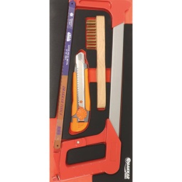 Composition : 13 outils
-10 lames de scie 8/10 dents ref.14702
-1 Scie à métaux ref.15263
-1 brosse à bougie ref.15883
-1 cutter lame de 18mm ref.15905